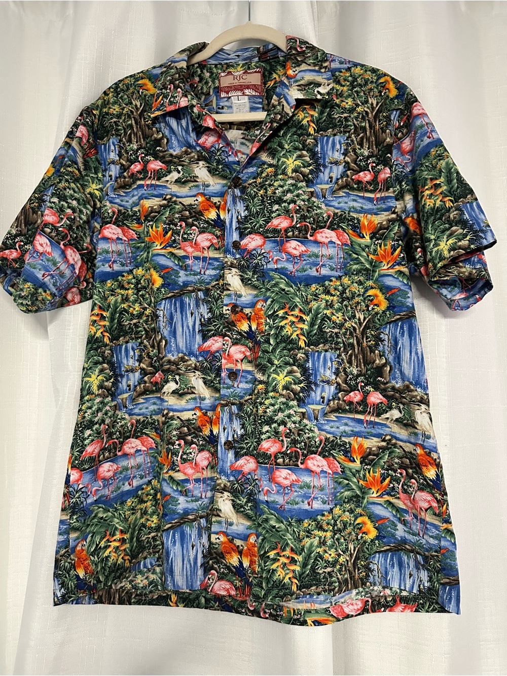 RJC Hawaiian Shirt Mens L Flamingo Parrot Waterfall Made in Hawaii USA Aloha